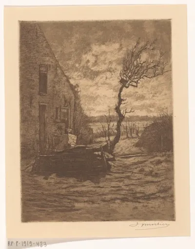 Boerderij in een landschap met een kale boom