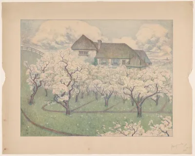Boerderij met boomgaard in bloei