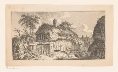 Boerderij met een man, vrouw en spelende kinderen