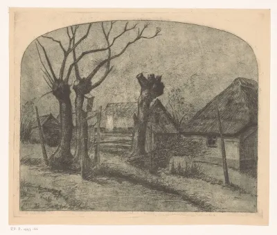 Boerderij met knotwilgen en een waslijn