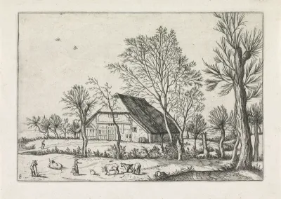 Boerderij met koeien en melkmeid
