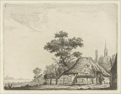 Boerderij met op de achtergrond een kerk
