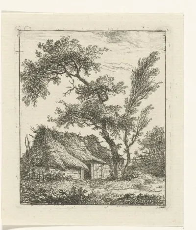 Boerderij met rieten dak en twee bomen