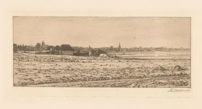 Boerderij met schuren in een vlak landschap