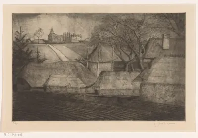 Boerderij met schuren in heuvellandschap met dorp