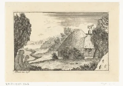 Boerderij met spinnende vrouw
