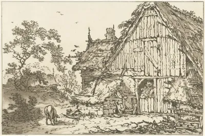 Boerderij met twee mensen in de deuropening