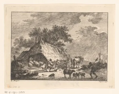 Boerderij met verschillende figuren en een schapenhoedster