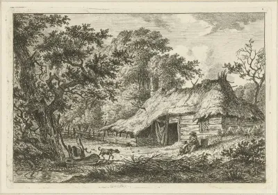 Boerderij met vrouw, kind en hond