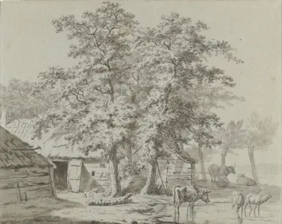 Boerderij onder bomen met vee bij water