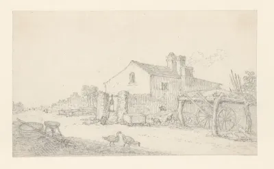 Boerderij; rechts daarvan een afdak voor een wagen