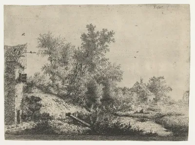 Boerderijen en een boomgroep bij een smalle rivier