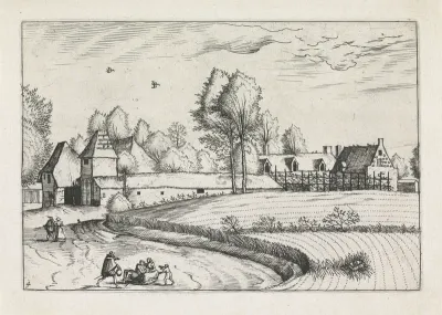 Boerderijen langs een korenveld