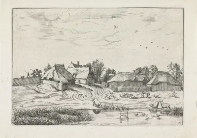 Boerderijen met op de voorgrond drinkende koeien