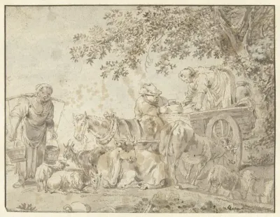 Boeren en vee bij een boerenwagen