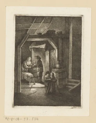 Boeren interieur met man, vrouw en kinderen