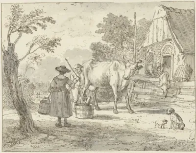 Boeren met een koe voor het huis