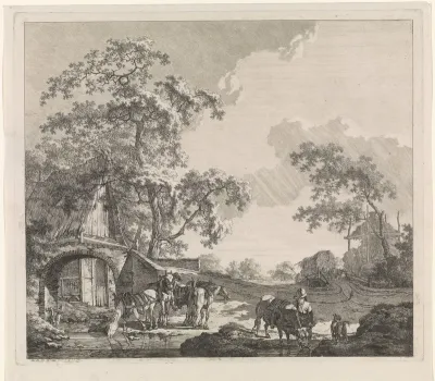 Boeren met paarden en ander vee bij een beek