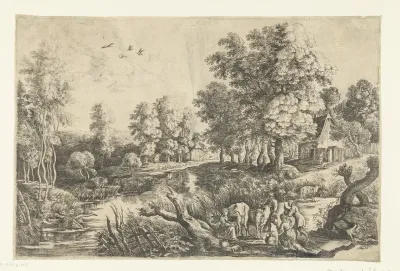 Boeren met vee bij een beek