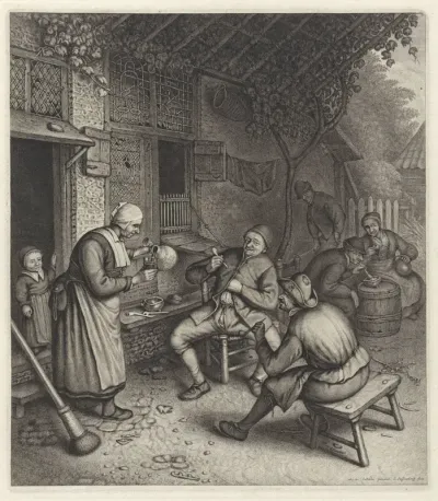 Boeren op het terras voor een herberg