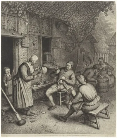 Boeren op het terras voor een herberg