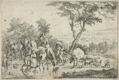Boeren steken een beek over met hun kudde