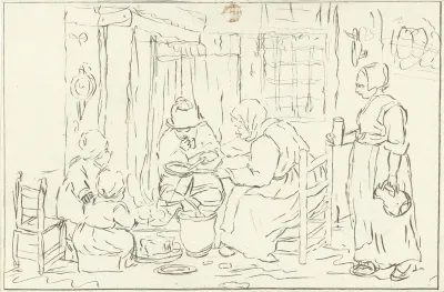 Boerenbinnenhuis met koekenbakster