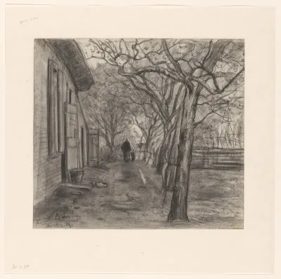 Boerenerf met bomen, vrouw en kind
