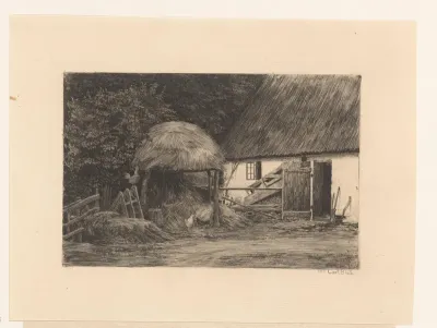 Boerenerf met hooimijt en kippen