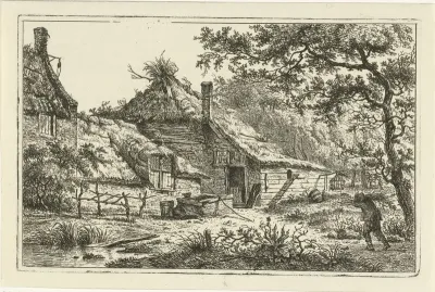 Boerenerf met man met sprokkelhout