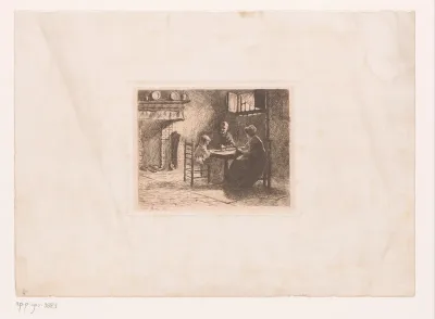 Boerenfamilie aan tafel in de keuken
