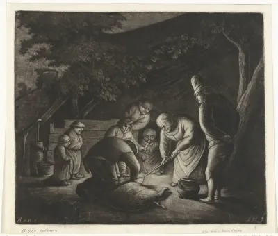 Boerenfamilie bij het slachten van een varken