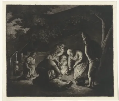 Boerenfamilie bij het slachten van een varken