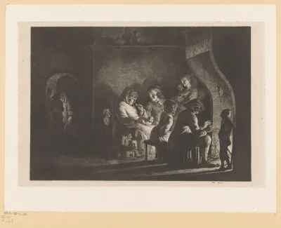 Boerenfamilie rond een haardvuur