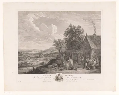 Boerengezelschap voor een huis in een landschap