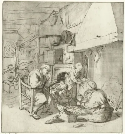 Boerengezin bij schoorsteen