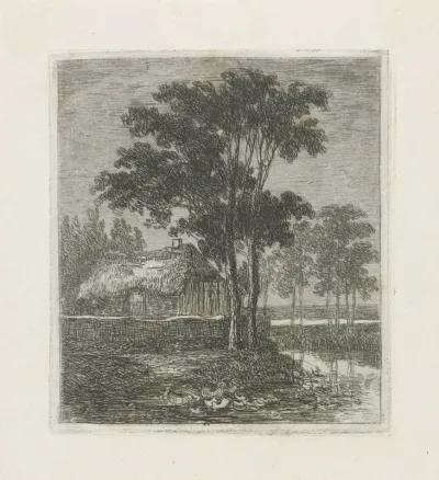Boerenhoeve en bomen aan een waterkant
