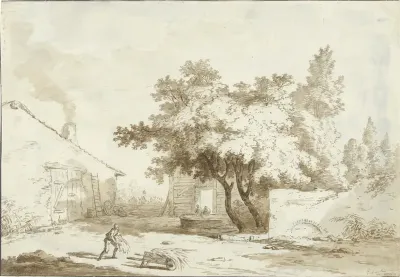 Boerenhoeve met grote bomen en mensen