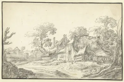 Boerenhofsteden tussen geboomte aan een landweg