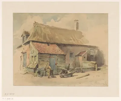 Boerenhuis met houten aanbouw, ervoor een kruiwagen en een slijpsteen