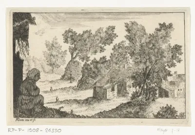 Boerenhuis met zittende vrouw