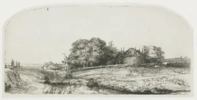 Boerenhuizen en een hooimijt aan de Diemerdijk