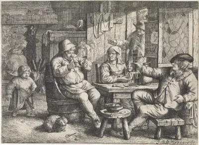 Boereninterieur met een jongen op een stokpaard