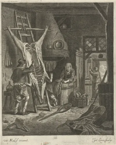 Boereninterieur met geslacht varken