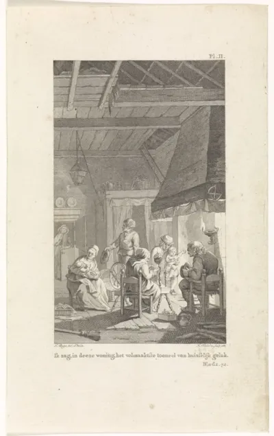 Boereninterieur met gezin rond een haardvuur