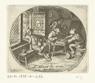 Boereninterieur met tric-trac (backgammon) spelers