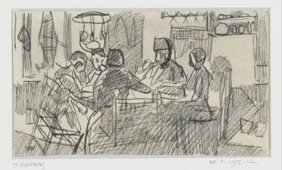 Boereninterieur met vijf mensen aan tafel