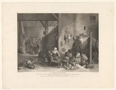 Boereninterieur met vrouw aan spinnewiel