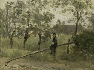 Boerenjongen op een slagboom