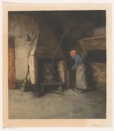 Boerenkamer met vrouw voor haard